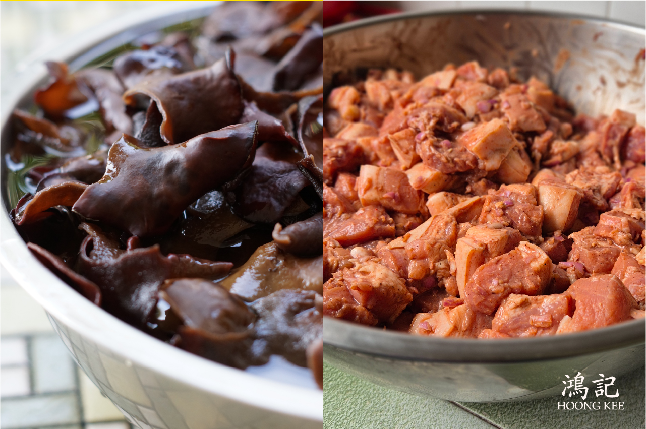 Ingredients used for Hakka braised pork belly with black fungus