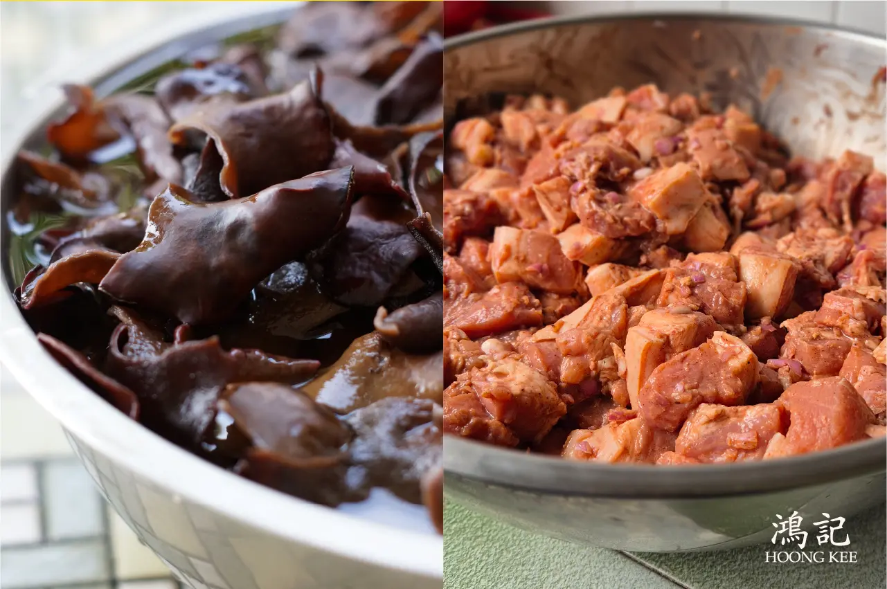 Ingredients used for Hakka braised pork belly with black fungus