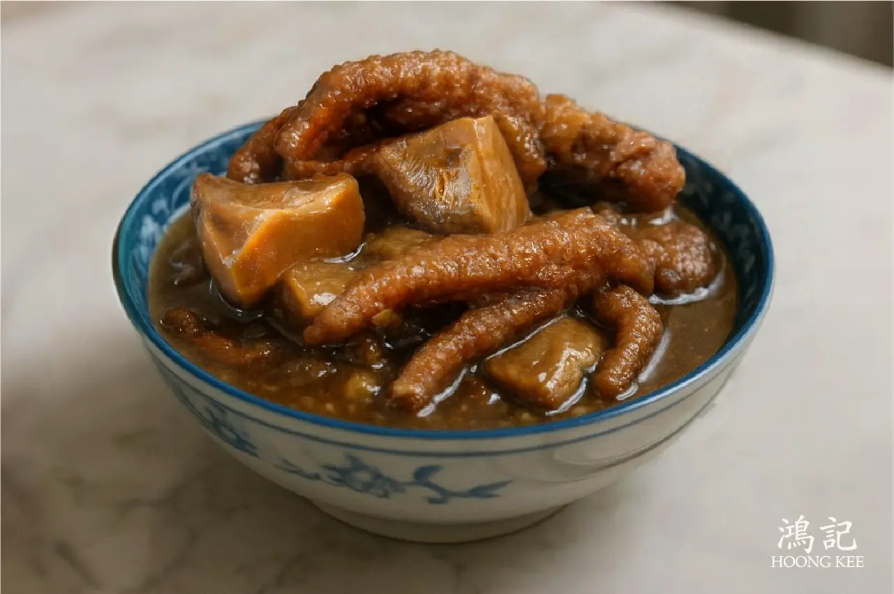 Braised chicken feet with mushrooms served in a bowl, traditional Chinese braised cuisine