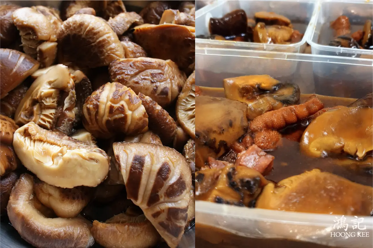 Braised chicken feet and mushrooms in rich sauce, ready for takeaway and food delivery