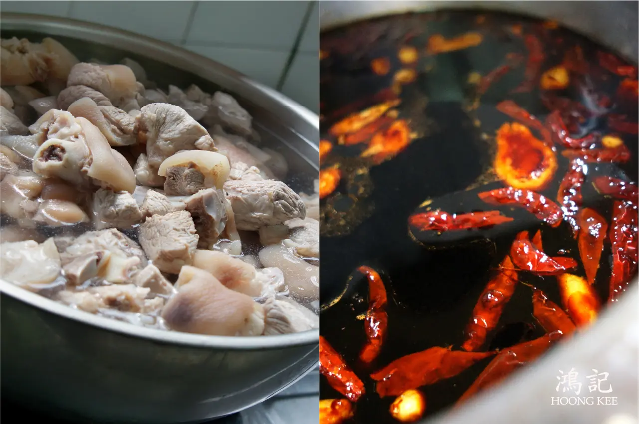 Pork trotters and mushrooms prepared for traditional Chinese braising