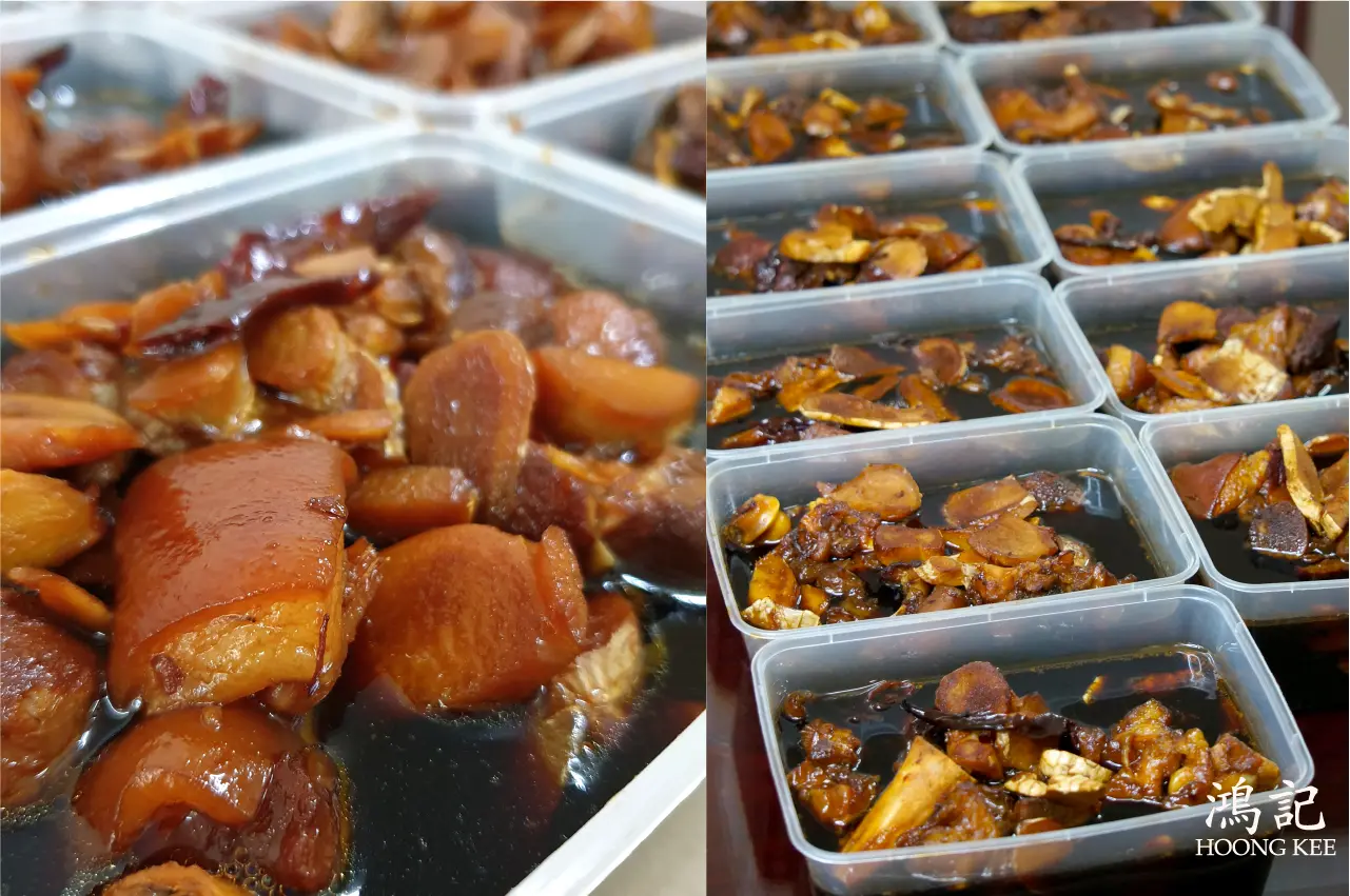 Braised pork trotters packed into ready-to-eat takeaway containers