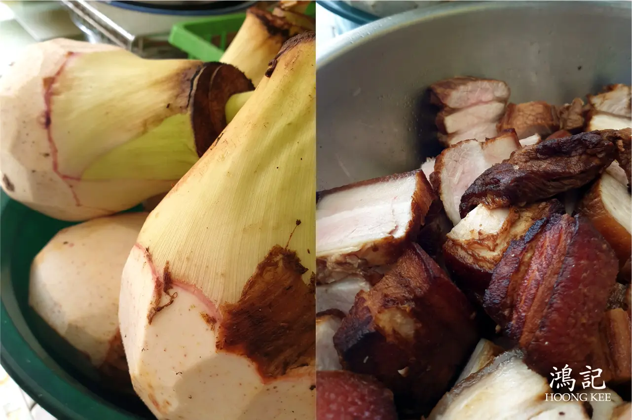 Fresh yam and pork belly prepared for braised pork belly with yam, traditional Chinese cooking ingredients