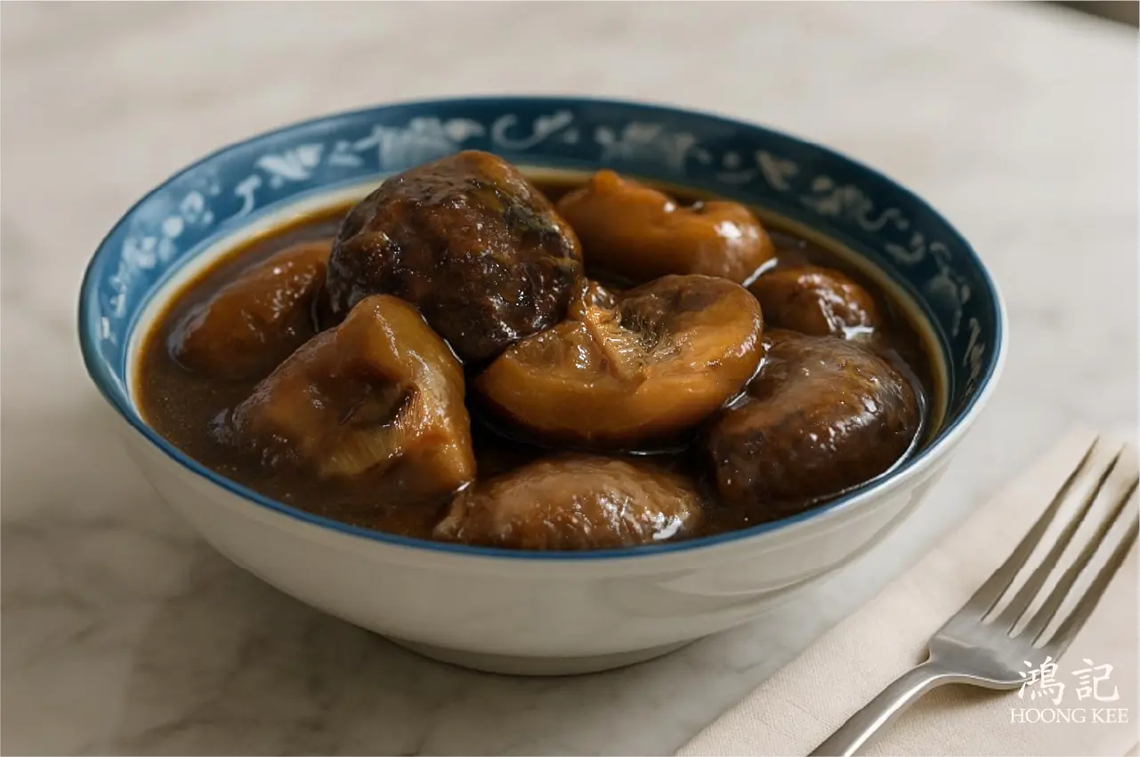 Chinese braised mushroom dish served in a bowl