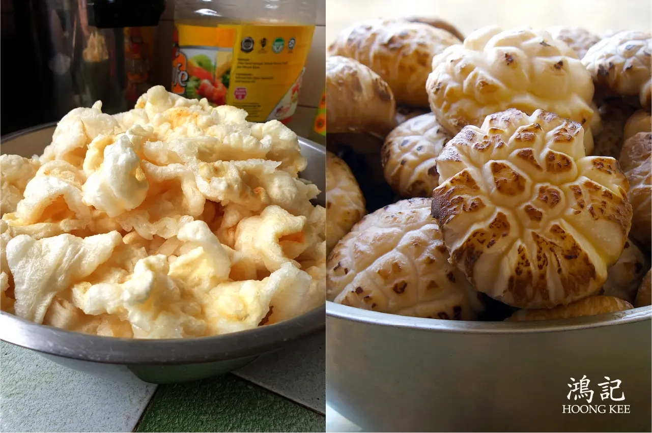 Dried mushrooms and fish maw prepared for traditional Chinese braised dishes